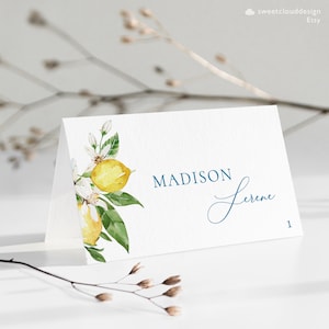 LIMÓN Tarjetas de lugar de boda Plantilla vegetación de limón Tarjeta de nombre editable Mesa de limón Tarjeta de lugar Tarjetas de boda editables tarjeta de nombre de mesa amarillo