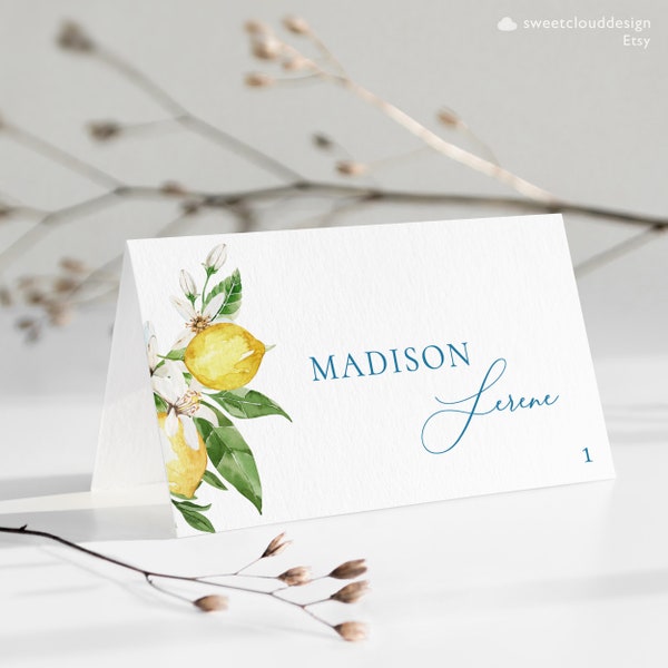 LEMON Wedding Place Cards Template lemon greenery Editable Name Card Lemon table Place Card Editable Wedding Cards table name card yellow