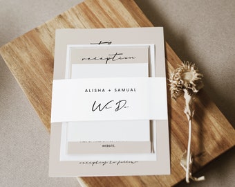 以下が含まれることがあります： ベージュの結婚式の招待状に、「to reception」、「Alisha + Samuel」、「We Do」、「Website」、「Reception to follow」のテキストが書かれています。