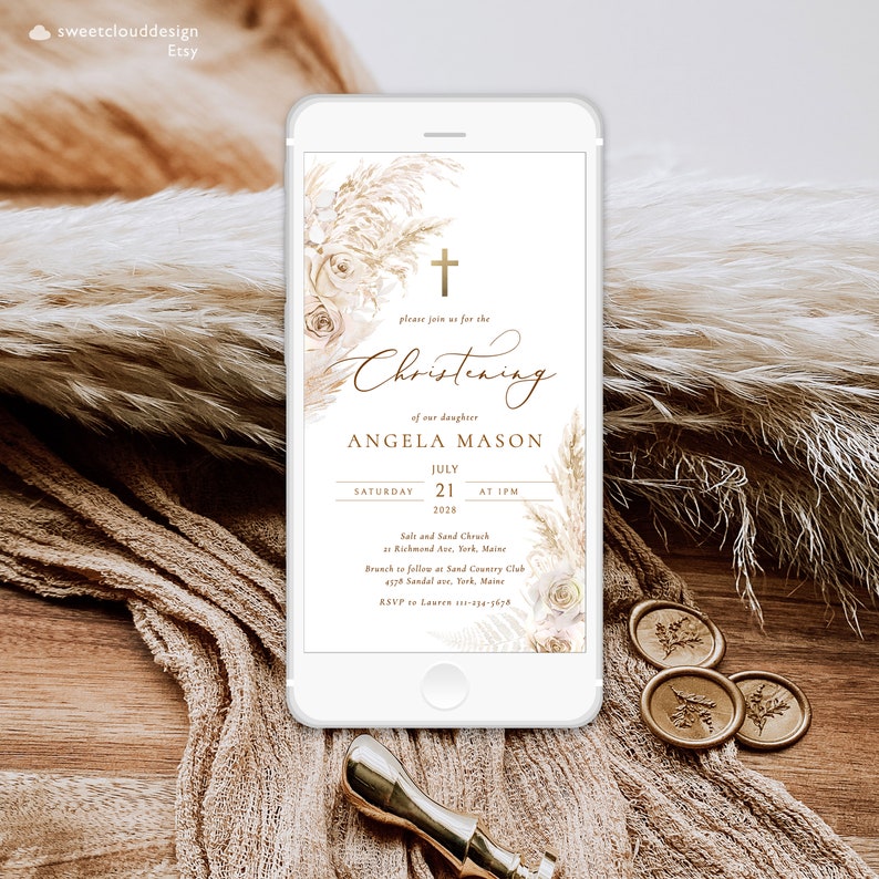 BOHO rose Christening digital Invitation pampas grass Rose Christening phone invite Template Electronic Christening invite beige grass text image 2