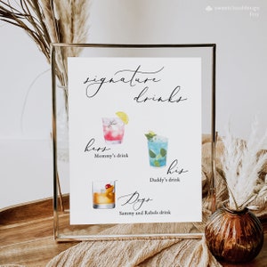 May include: A white sign with black text and illustrations of cocktails. The sign reads "signature drinks" and lists three drinks: "hers" with a pink cocktail, "his" with a blue cocktail, and "dogs" with a brown cocktail.