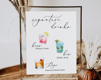May include: A white sign with black text and illustrations of cocktails. The sign reads "signature drinks" and lists three drinks: "hers" with a pink cocktail, "his" with a blue cocktail, and "dogs" with a brown cocktail.