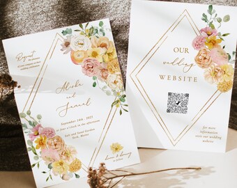 Diamond Spring flower Wedding Invitation Garden floral wedding Invitation set blush flower invitation template yellow and pink Invitation