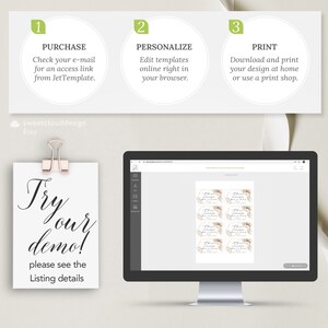 May include: A computer screen displaying a digital template for a wedding favor tag. The tag features a floral design with the text "Cheers to our new adventure" in a light brown font. The screen is showing a preview of the tag with multiple copies of the design.
