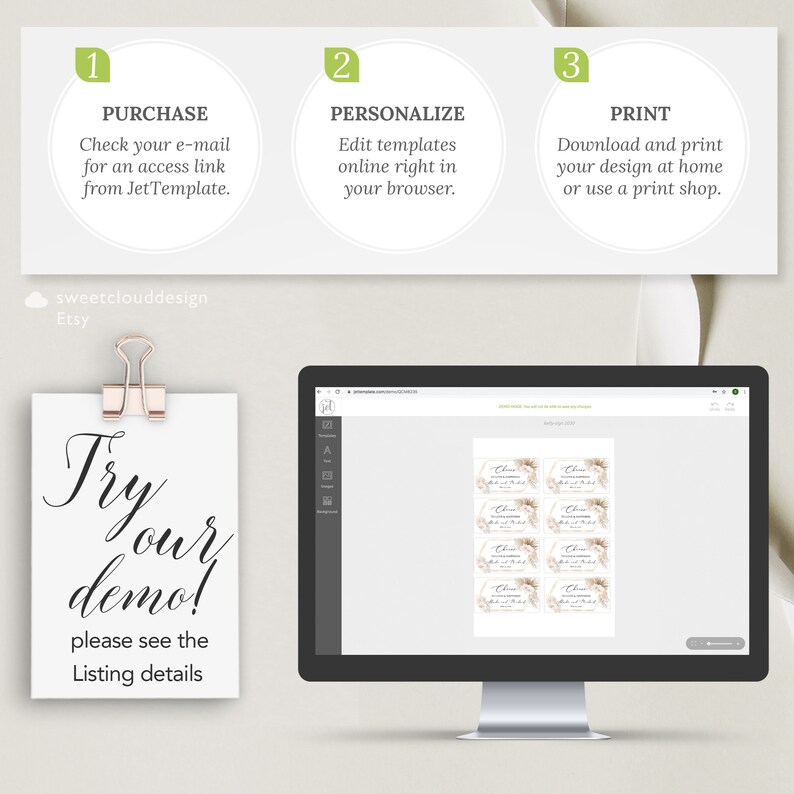 May include: A computer screen displaying a digital template for a wedding favor tag. The tag features a floral design with the text "Cheers to our new adventure" in a light brown font. The screen is showing a preview of the tag with multiple copies of the design.