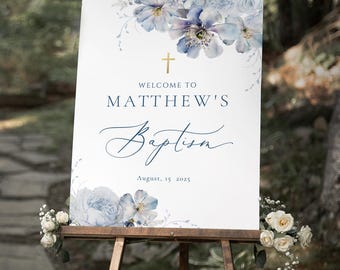Dusty Blue baptism welcome Sign Soft blue flower baptism sign Template dusty blue floral baptism Welcome Sign Printable blue baptism baptism