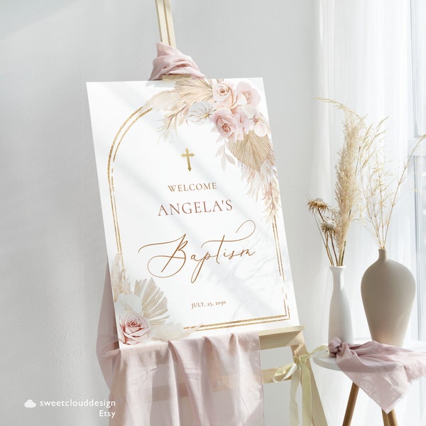 Boho gold cross baptism welcome Sign Dusty pink welcome baptism Sign pampas grass welcome baptism blush pink boho baptism Pink baptism Sign