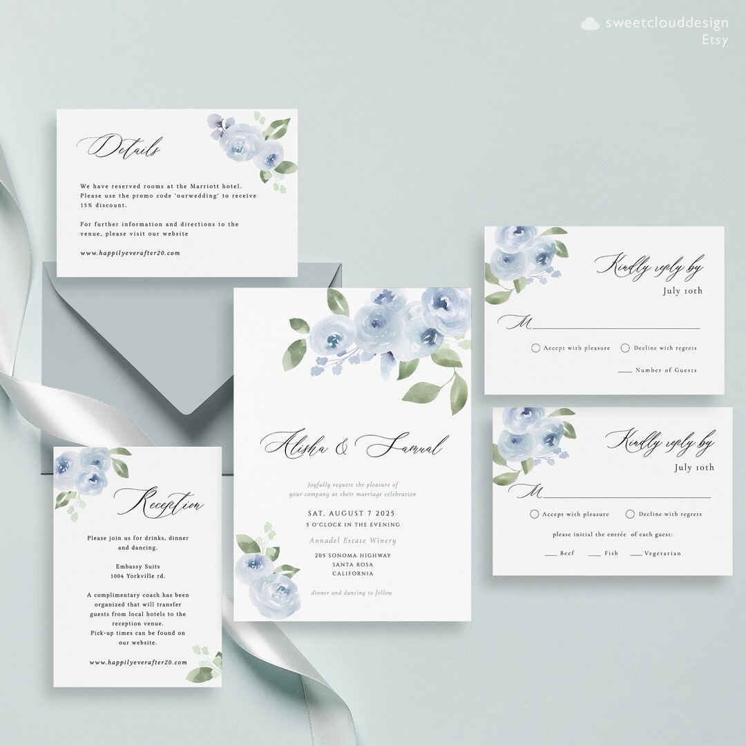 Steel Blue Wedding Invitation Template Dusty Blue Floral ...