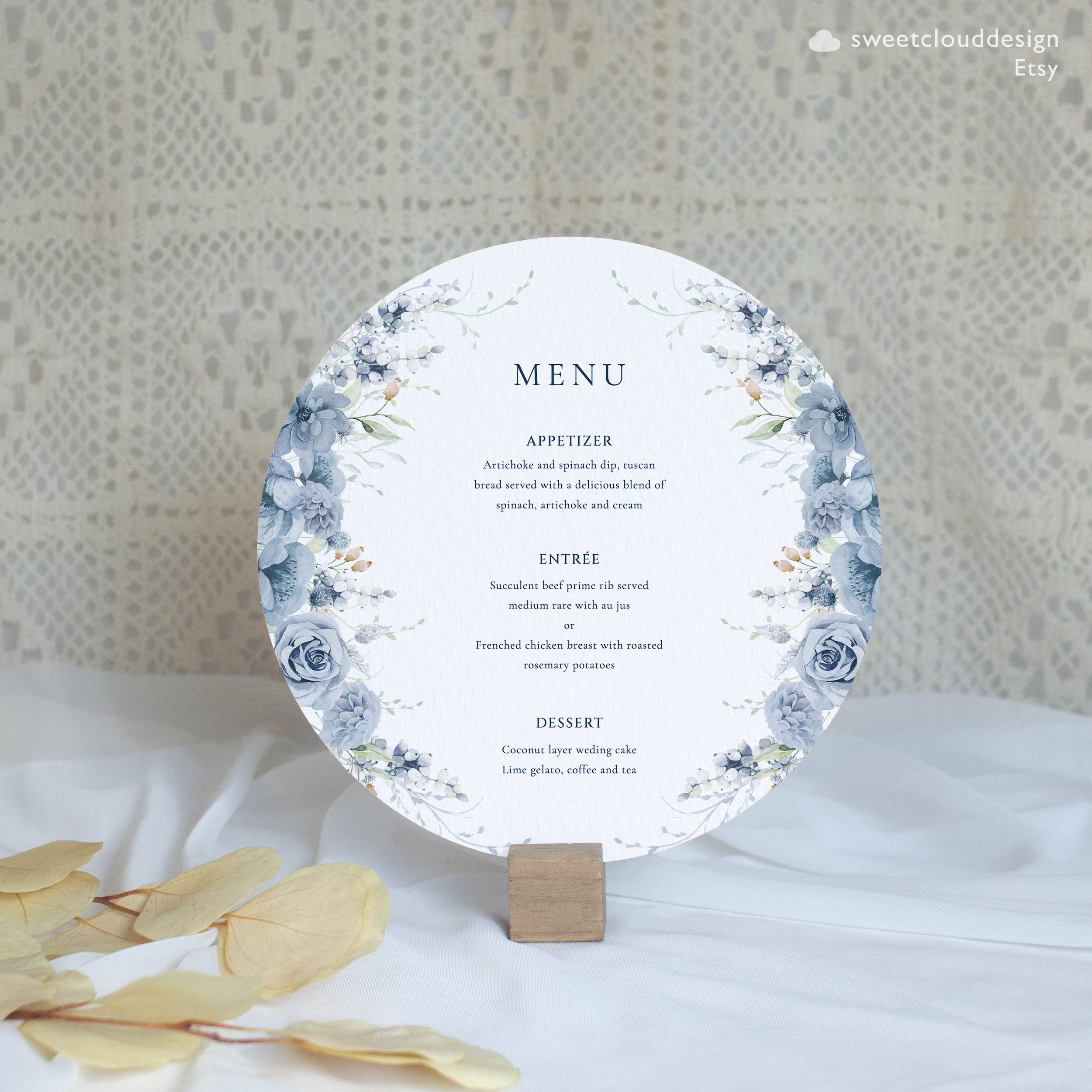 Menu Round Shape Dusty Blue Round Table Menu Circle Menu Template Steel Blue Wedding ...