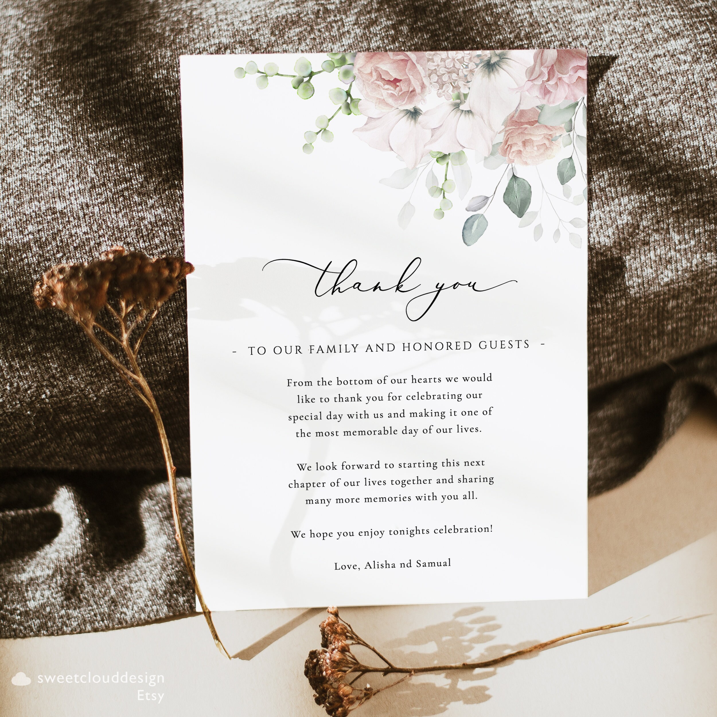Dusty Pink Floral Thank You Dusk Pink Wedding Thank You Card Editable ...