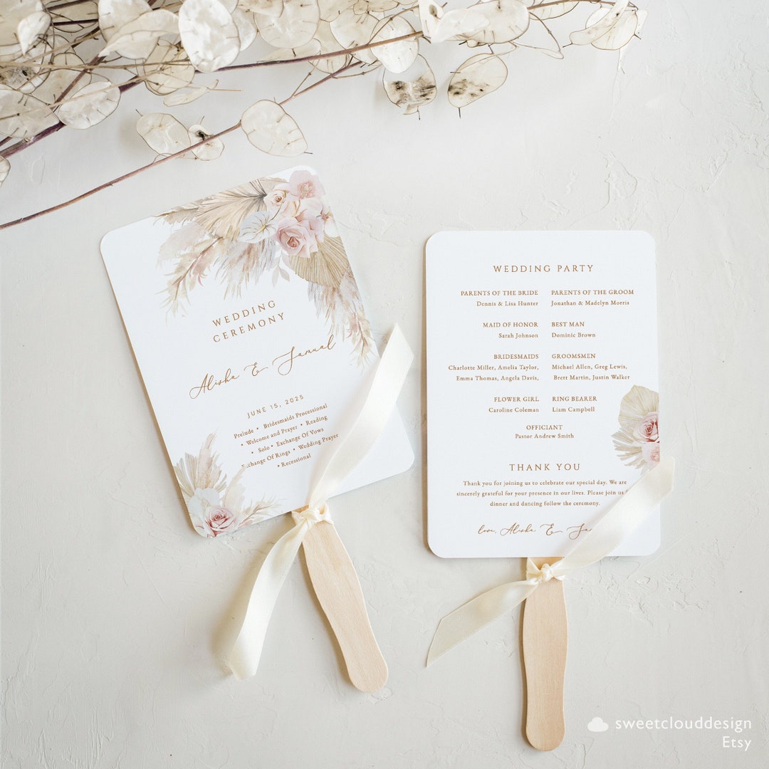Boho Blush Rose Wedding Program Template Pink Pampas Grass Editable ...