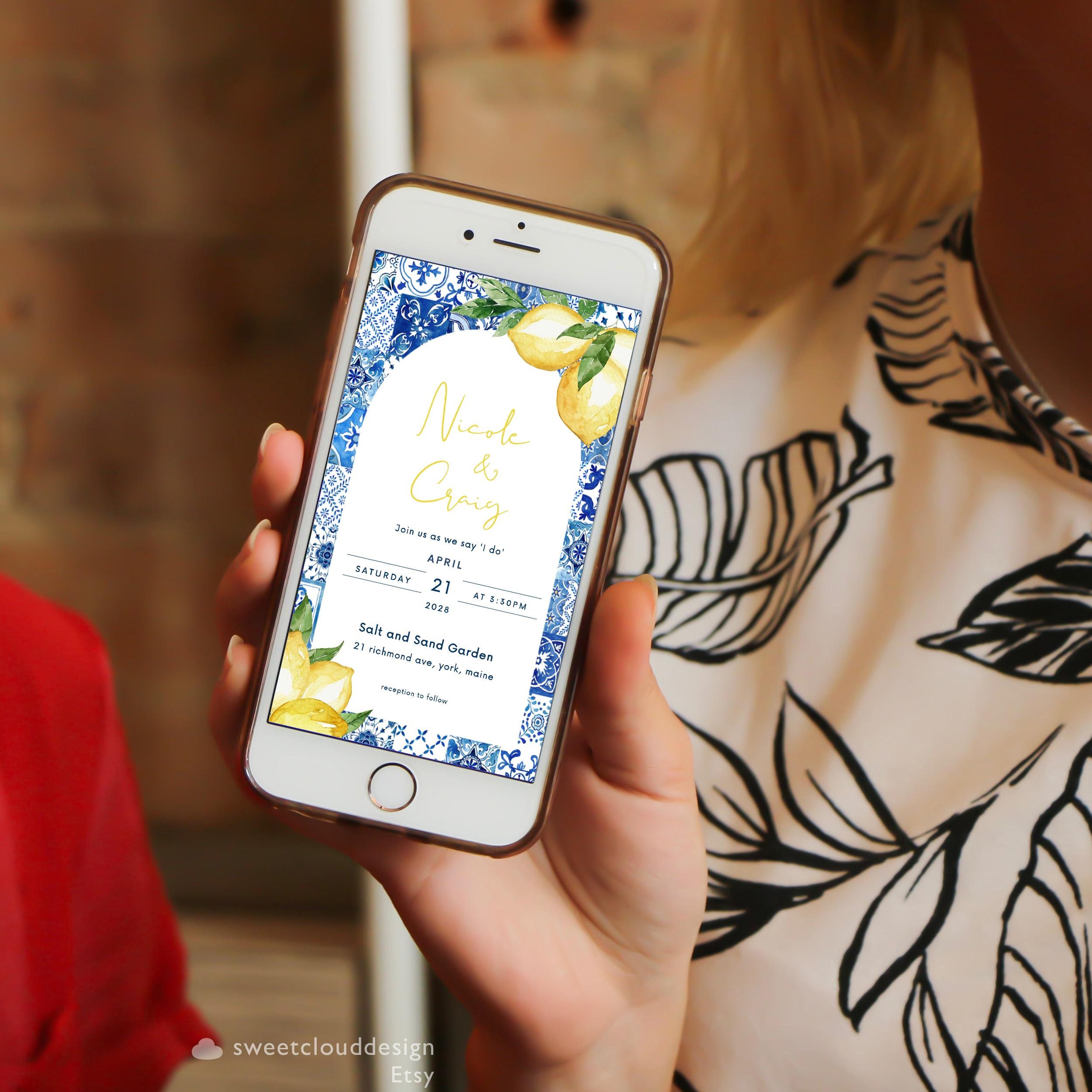 Lemon and Blue tile digital wedding invite Lemon and arhc tile phone wedding invitation electronic wedding invite wedding phone text card