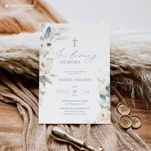 Feuilles de verdure et croix d’or Invitation funéraire Croix de rose blanche Célébration funéraire de la vie invitation modifiable Feuilles vertes carte funéraire