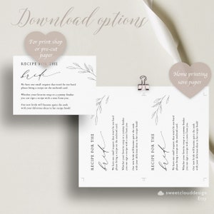 May include: Two printable cards with a white background and black text. The cards are for a wedding reception and ask guests to bring a recipe for the bride. The text on the cards reads "Recipe for the Bride".