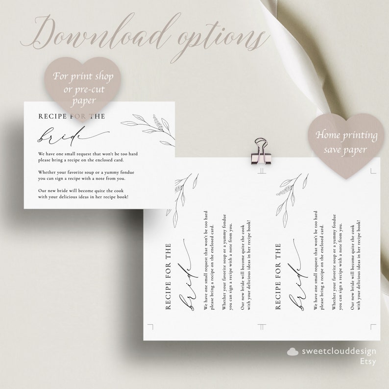 May include: Two printable cards with a white background and black text. The cards are for a wedding reception and ask guests to bring a recipe for the bride. The text on the cards reads "Recipe for the Bride".