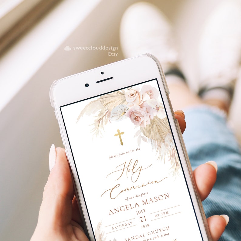 May include: A digital invitation for a Holy Communion celebration. The invitation features a watercolor illustration of pampas grass, roses, and a gold cross. The text reads "Please join us for the Holy Communion of our daughter Angela Mason, Saturday, July 21, 2028 at 1 PM, Sandal Church, [address]"