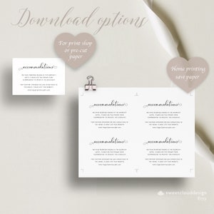 Peut inclure: Carte d'h&eacute;bergement de mariage imprimable avec le texte "accommodations" en &eacute;criture cursive. La carte comprend des informations sur un bloc de chambres d'h&ocirc;tel et une adresse de site Web pour plus de d&eacute;tails.