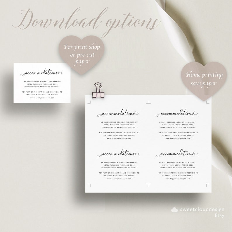 Peut inclure: Carte d'h&eacute;bergement de mariage imprimable avec le texte "accommodations" en &eacute;criture cursive. La carte comprend des informations sur un bloc de chambres d'h&ocirc;tel et une adresse de site Web pour plus de d&eacute;tails.
