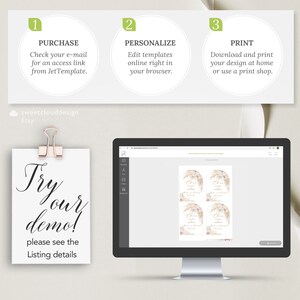 Puede incluir: Una pantalla de ordenador que muestra una plantilla de dise&ntilde;o digital para una invitaci&oacute;n de boda con un dise&ntilde;o floral. El texto en la pantalla dice "Cheers to love and laughter". El texto en la pantalla es de color rosa claro. El fondo de la pantalla es blanco. El texto "Try our demo! Please see the Listing details" est&aacute; en una tarjeta blanca con una grapa de papel dorada.