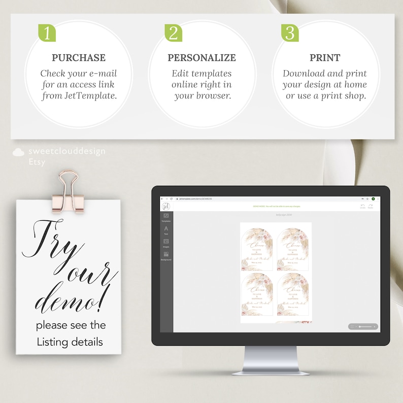 Puede incluir: Una pantalla de ordenador que muestra una plantilla de dise&ntilde;o digital para una invitaci&oacute;n de boda con un dise&ntilde;o floral. El texto en la pantalla dice "Cheers to love and laughter". El texto en la pantalla es de color rosa claro. El fondo de la pantalla es blanco. El texto "Try our demo! Please see the Listing details" est&aacute; en una tarjeta blanca con una grapa de papel dorada.