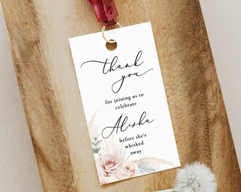 Blush BOHO Brudetikett Whisked away Presentetiketter Eukalyptus och ros Utskrivbar tack boho etikett Orkidé tacketikett mall Orkidé redigerbar