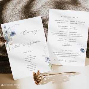 Dusty Blue Wedding Program Template, Steel blue Printable Wedding Program, Greenery Wedding Programs, Printable Order Of Service,Berry