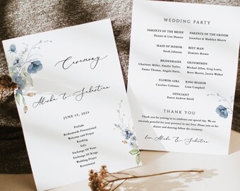 Dusty Blue Wedding Program Template, Steel blue Printable Wedding Program, Greenery Wedding Programs, Printable Order Of Service,Berry