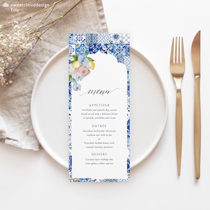 Modèle de menu de mariage citron et rose Carrelage bleu Menu imprimable Blush floral Menu modifiable Agrumes orchidée méditerranéenne Dîner Menu MearlM