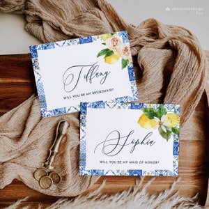 Lemon Bridesmaid Proposal Card Template Blue tile Maid of Honor card Will You Be My Bridesmaid Card Mediterranean bridesmaid card Mearl