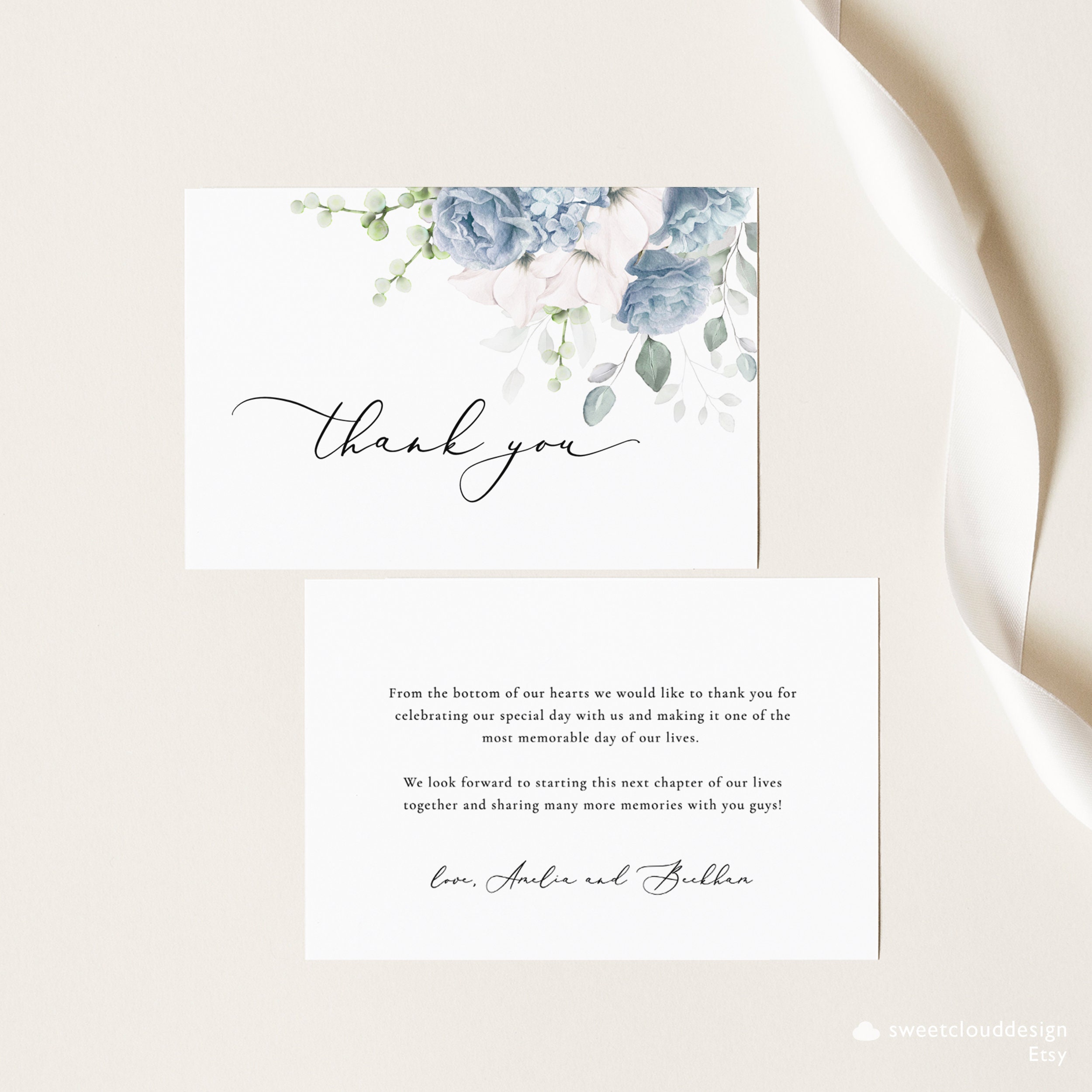 Dusty Blue Floral Thank You Wedding Thank You Card Template Editable ...