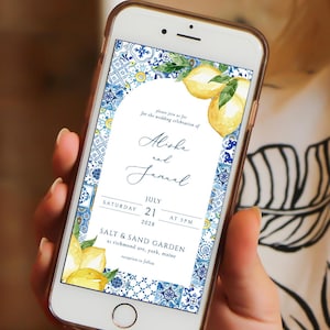 Lemon and Blue tile digital wedding invite Lemon and arhc tile phone wedding invitation electronic wedding invite wedding phone text card