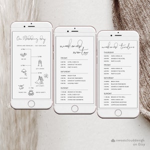 Línea de tiempo de ceremonia de boda digital Plantilla de itinerario de fin de semana de despedida de soltera editable Horario electrónico mínimo Línea de tiempo de fin de semana nupcial