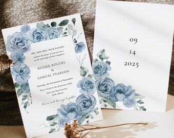 May include: A wedding invitation with blue watercolor flowers and the text "MR. AND MRS. NICK ROGERS request the honor of your presence at the marriage of their daughter ALISHA ROGERS & SAMUAL PEARSON Saturday, the fourteenth of September Four o'clock in the afternoon | 2025 Salt and Sand Garden York, Maine". The date "09 14 2025" is on a separate card.