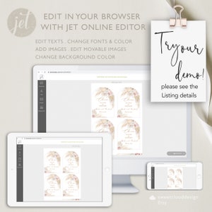 Puede incluir: Una maqueta digital de una plantilla de cartel de boda imprimible con un tema boho. El cartel presenta una ilustraci&oacute;n de acuarela de hierba de la pampa y flores en tonos beige y rosa. El texto en el cartel dice "Cheers to love and happiness".