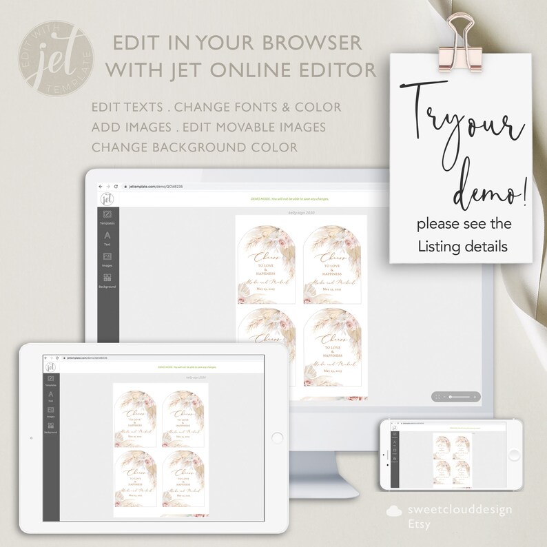 Puede incluir: Una maqueta digital de una plantilla de cartel de boda imprimible con un tema boho. El cartel presenta una ilustraci&oacute;n de acuarela de hierba de la pampa y flores en tonos beige y rosa. El texto en el cartel dice "Cheers to love and happiness".