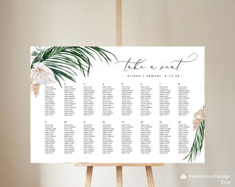 TROPICAL Wedding Seating Chart EditablePalm leaf green Seating Plan template Beach Seating SignPrintable Seating Plan seating Poster Palle