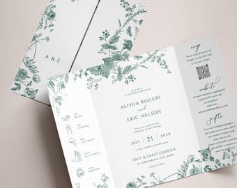 Gatefold Forest Green Wedding Invitation Dusty Green flower Gatefold Invitation vintage Green flower gate fold template Invitation