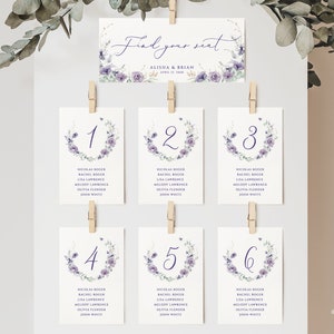 Stoffige paarse bloemen tabel zitplaatsen grafiek kaartsjabloon, paarse schaduw & groen bruiloft zitplaatsen grafiek afdrukbare kaarten, tafel zitplaatsen kaarten