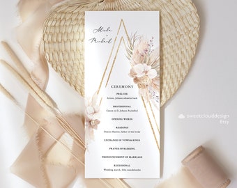 Gold Boho Wedding Program Template Orchid bohemian program pampas grass floral Editable Wedding Ceremony program bohemian template Pamela