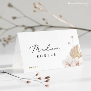 Tarjetas de lugar de boda de orquídeas, tarjetas de lugar de ORO, tarjetas de lugar de hierba de pampas, tarjetas de lugar TROPICAL, tarjetas de lugar imprimibles, nombre floral de plantilla, ELEANOR