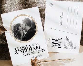 Foto moderna Save The Date Elegante marco dorado Save The Date Elegante foto Save The Date Plantilla Editable Compromiso Save The Date minimalista