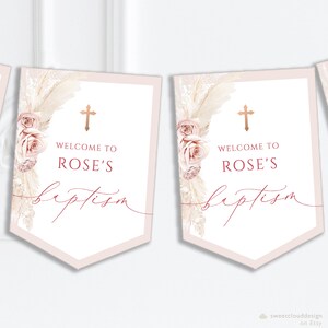 BOHO Rose Pink Taufe Banner Vorlage Blush Pampasgras Party Wimpelkette Banner Blush Rose Party Geburtstagsparty Banner editierbar