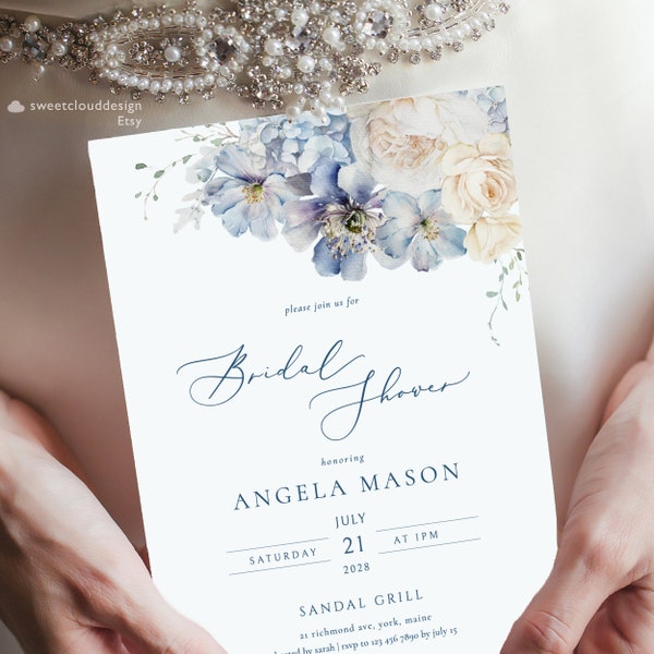 Dusty blue cream flower Bridal shower invitation Blue white floral Bridal shower invite card Brunch and Bubbly Template steel blue Bridal