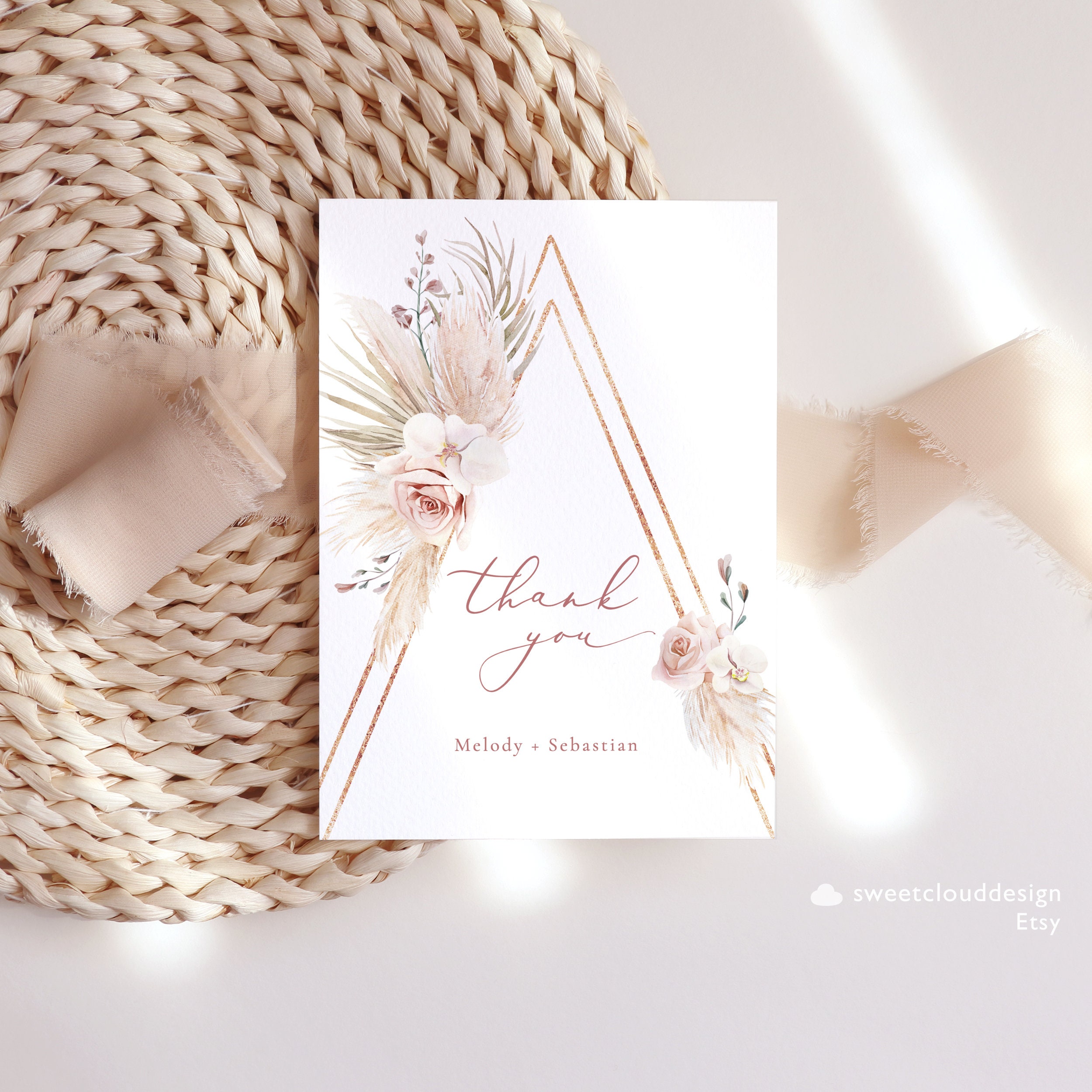 Rose Gold Thank You Card Template Boho Orchid Arch Thank You Card ...