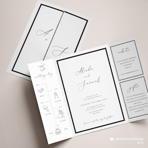 Faire-part de mariage moderne gatefold Invitation simple gatefold modèle de pli de porte minimal Faire-part imprimable carte de mariage modifiable Monroe