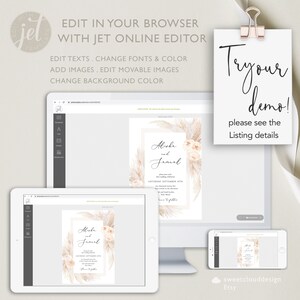 May include: A digital mockup of a wedding invitation template with a beige background and a floral design. The text on the invitation reads "Alisha and Jameel". The invitation is displayed on a computer screen, tablet, and phone.