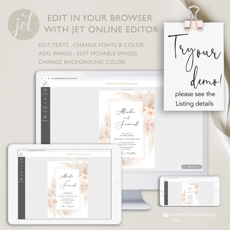 May include: A digital mockup of a wedding invitation template with a beige background and a floral design. The text on the invitation reads "Alisha and Jameel". The invitation is displayed on a computer screen, tablet, and phone.