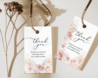 Etiketter med blommiga mönster, utskrivbara tacketiketter i dammrosa, mall för tacketiketter för bröllop i rouge, redigerbar tacketikett för gäster