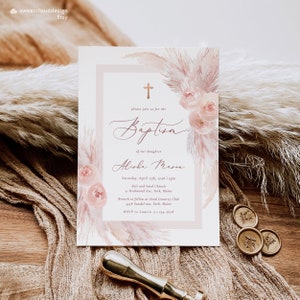 Boho blush Rose Baptism Invitation Girl pink Rose gold cross floral Printable Baptism Invites Christening Invite Baby Girl Blush  baptism