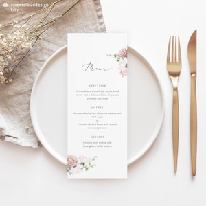 Dusty Pink Floral Hochzeitsmenü Vorlage Greenery Menu Printable Dusty Pink Rose Menü bearbeitbares Menü Abendmenü bearbeitbar Blush floral Gracey